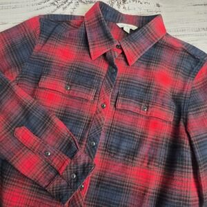 LL Bean Signature Womens Large Regular Red Blue Plaid Chamois Tunic Shacket Fall